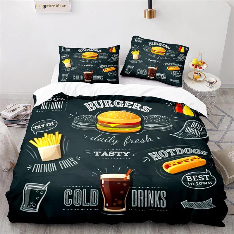 Kreativer Fast Food Bettbezug Pizza Hamburger Druck Bettdeckenbezug Mikrofaser Bettwäscheset King Queen für Kinder Teenagerzimmer Deko