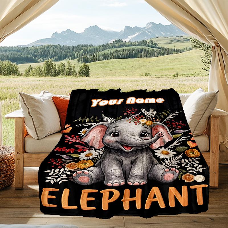1PC Custom Name Elephant Artwork flannel blanket versatile,all-season throw suitable for the living room,bedroom,camping,travel,and gift