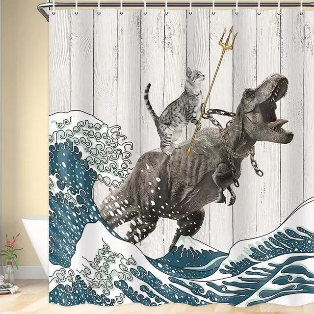 Funny Cat Shower Curtain Fun Animal In Bathtub with Fish Cloth Fabric Shower Curtain Hilarious Pet Bathroom Decor Set with Hooks