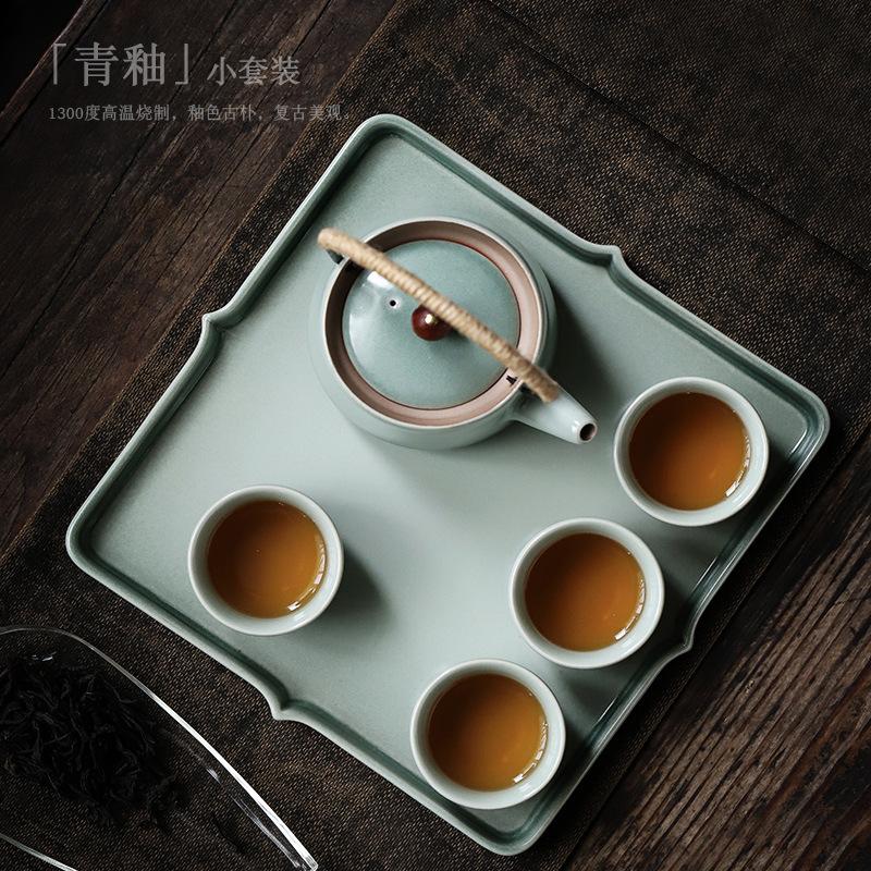 Ceramic Kung Fu tea set, small set, household with tea tray, teapot, teacup, azure simple tea set, complete set of tea gifts