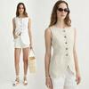 French old money style linen vest commuter waist vest sleeveless top women's summer square collar linen single-breasted vest
