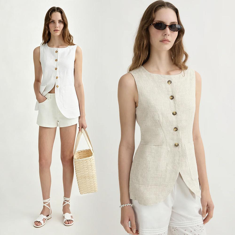 French old money style linen vest commuter waist vest sleeveless top women's summer square collar linen single-breasted vest