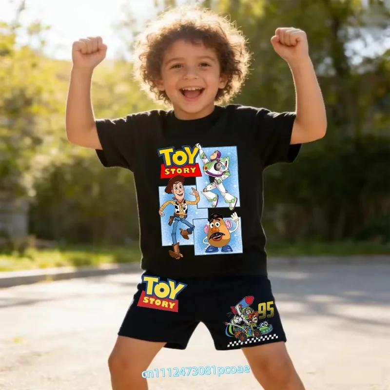 Toy Story 2026 Childrens Pure Cotton ShortSleeved Shorts Set with Cartoon Print Boys Sportswear Casual Shirt Summer Tshirt 100