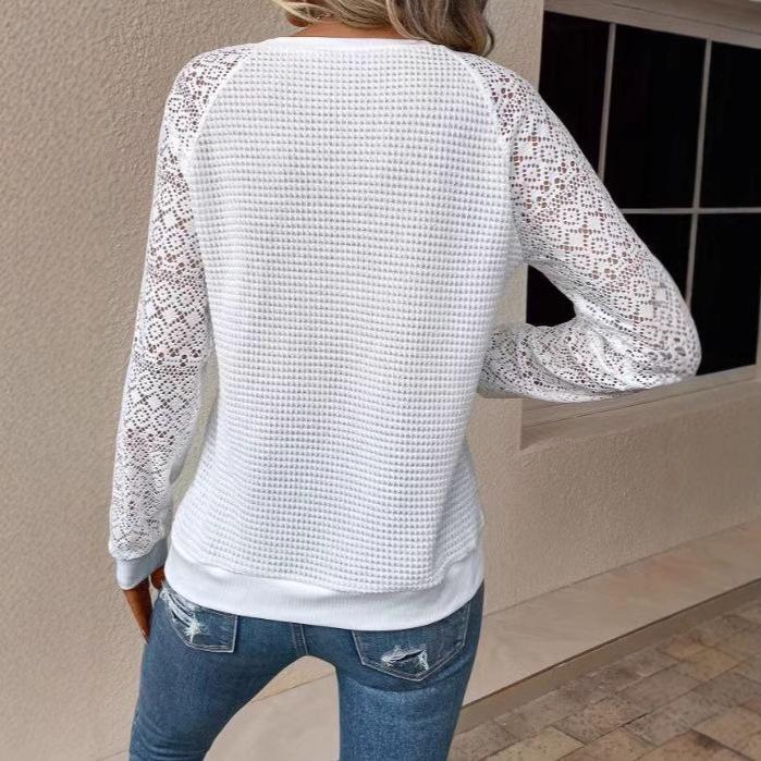 European and American new solid color lace long-sleeved hollow round neck casual women's T-shirt top