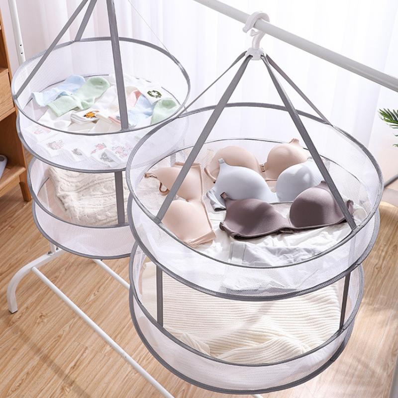 Rede de roupas dobrável de camada dupla simples e moderna, artefato de armazenamento de roupas internas, malha de poliéster, cesta de roupas à prova de vento