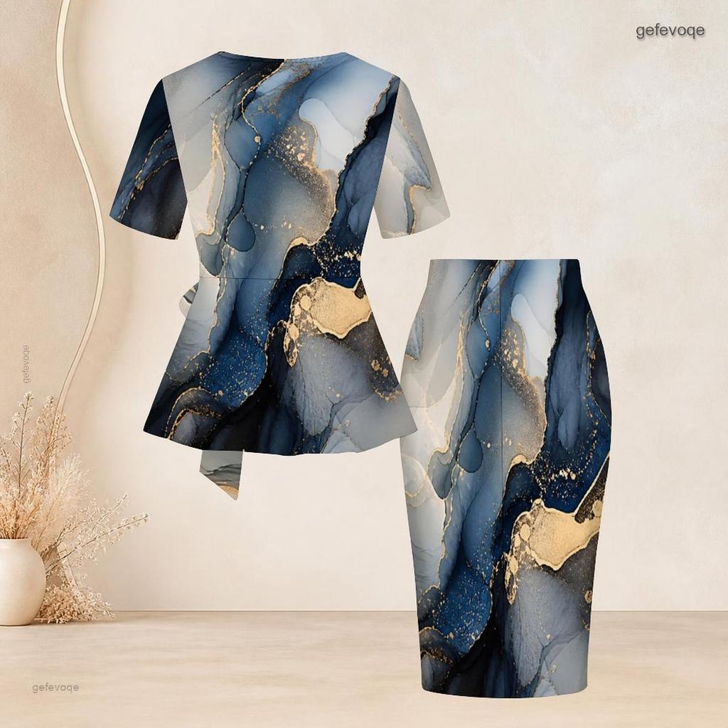 Women Plus Size Two Piece Skirt Set Round Neck Short Sleeve Floral Printed Tie Waist Top Fitted Skirt