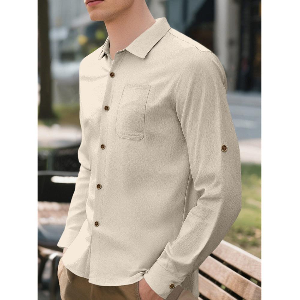 Soft and Comfortable Men's Collar Pocket Solid Color Button Up Cardigan Long Sleeved Linen Top Suitable for Daily Leisure