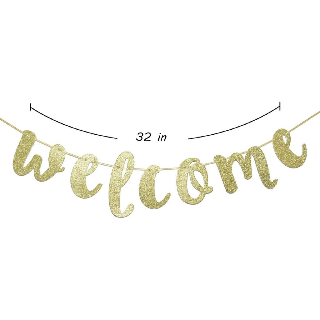 Welcome Gold Glitter Hanging Sign Banner- First Day of School, Classroom, Wedding, House, Home Decor (Gold)