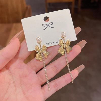 Dongdaemun Style Long Tassel Pearl Bow Earrings - Silver Needle S925