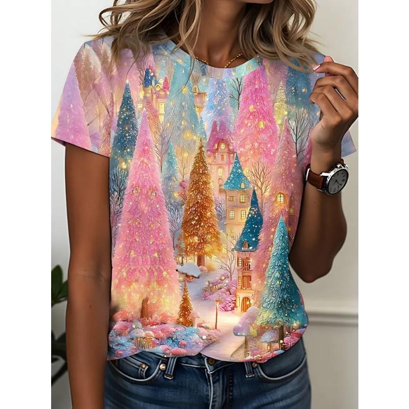 Fashion women's clothing simple short sleeves are short sleeves 3D color printing round neck T-shirt round neck short sleeves