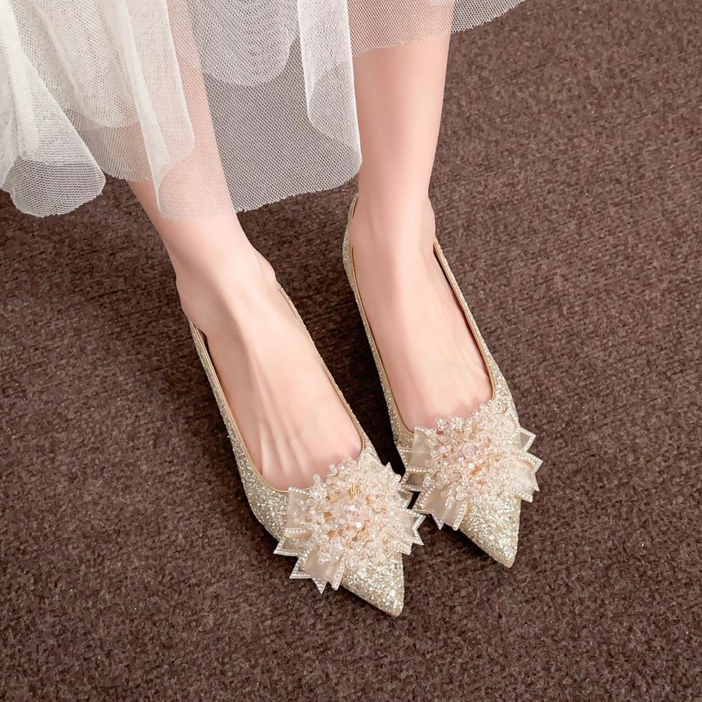 Champagne sequins heightening single shoes show and main wedding dress two wear French bridal shoes can be worn daily bridesmaid shoes