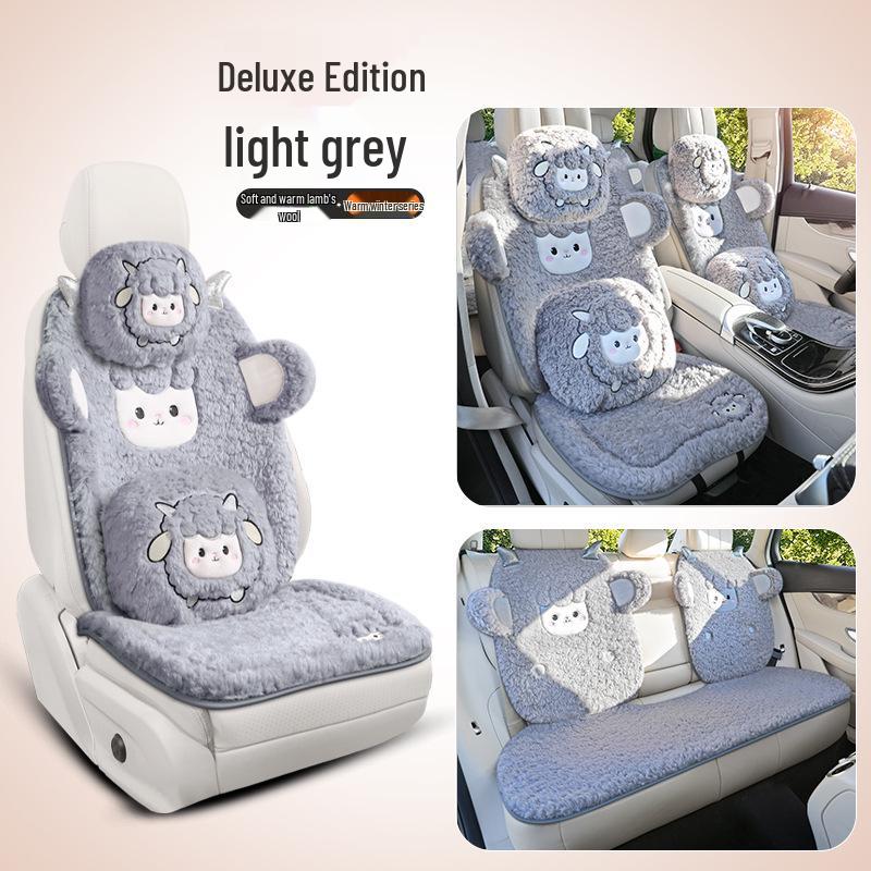 Women's Cute Cartoon Plush Winter 3-Piece Car Seat Cushion Set for Five-Seat Vehicles
