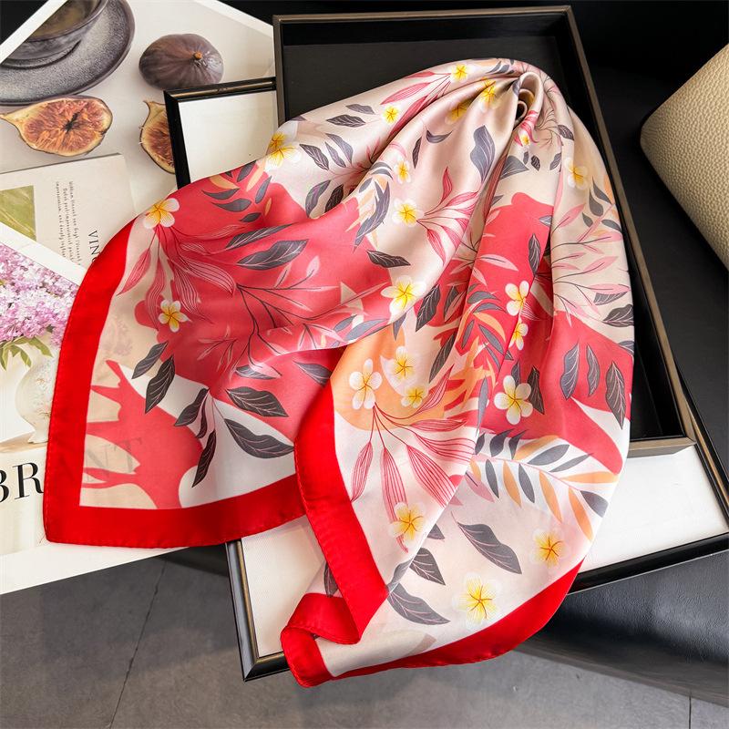 Romantic Branches and Leaves Simulation Silk Printing Women's Silk Scarf Square Scarf High-end Shawl Sunscreen Neck Scarf Headscarf Scarf
