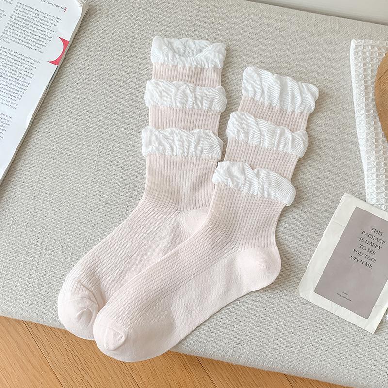 

Женские летние гольфы выше колена конфетных цветов с рюшами в стиле Лолита One Size светло-розовый