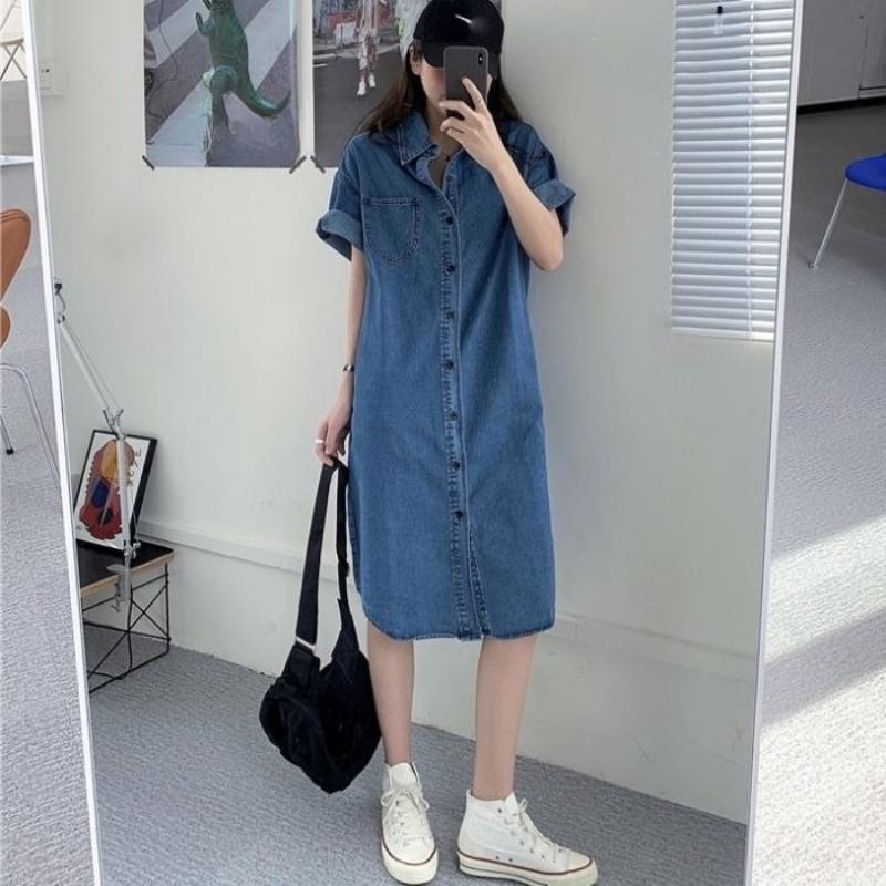 Women's Blue Denim Dress Single Breasted Lapel Shirt Skirt Korean Fashion Commuting Style Long Skirts