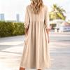 Women's Fashionable Color V-neck Casual Loose Retro Cotton Linen Long Sleeved Pocket Dress