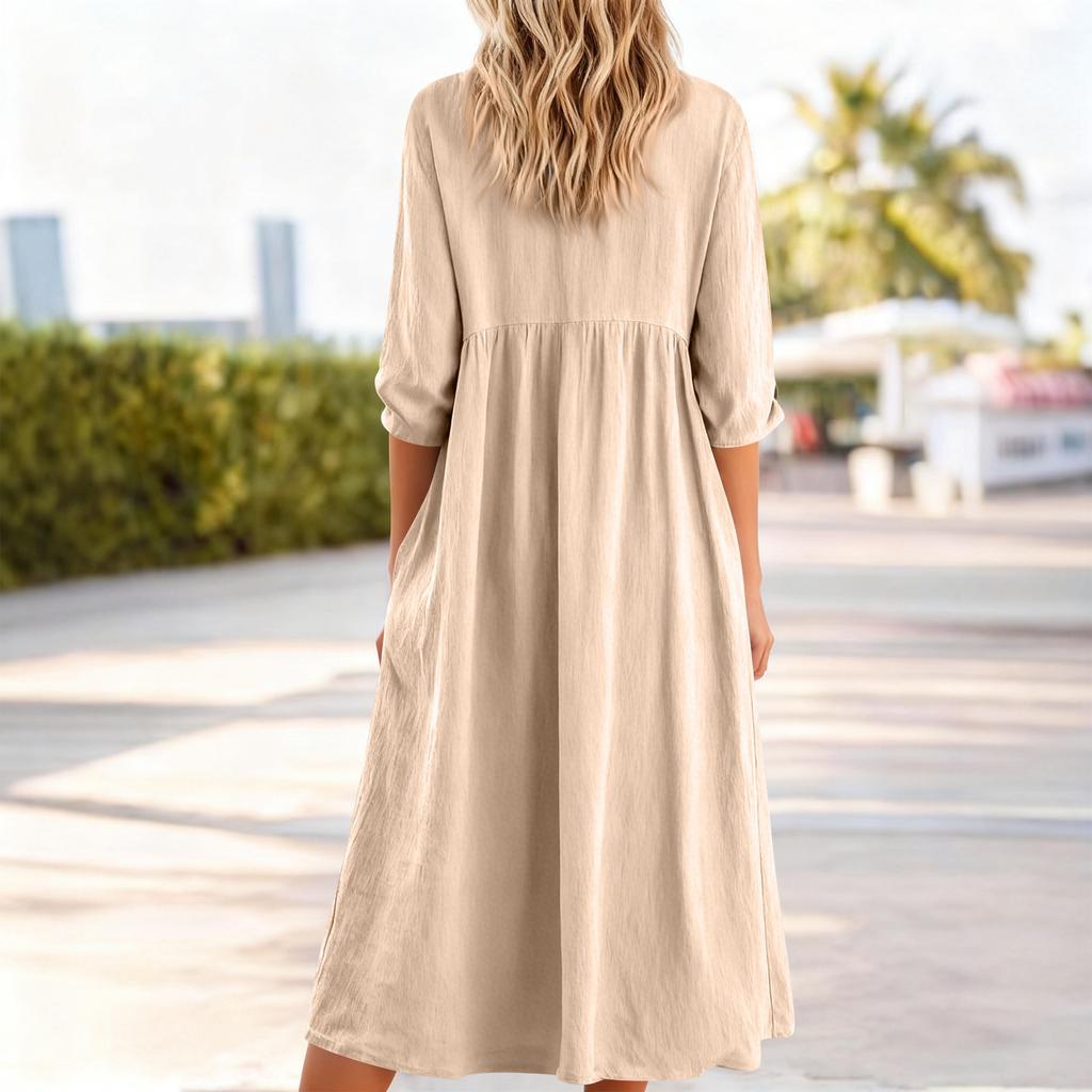 Women's Fashionable Color V-neck Casual Loose Retro Cotton Linen Long Sleeved Pocket Dress