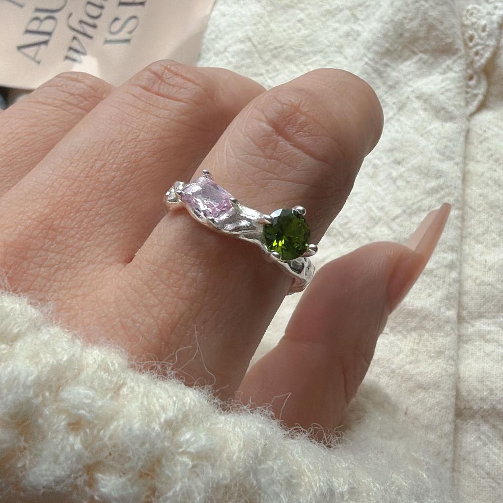 925 Sterling Silver Rings for Women Couple Minimalist Handmade Simple Pink Green Stone Ring Fine Jewelry Gift Prevent Allergy