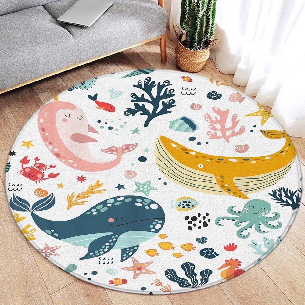 Cartoon Round Carpet Ocean Fish Dolphin Starfish Cute Deer Lion Elephant Tiger Kids Bedroom Mat Home Living Room Decor Floor Rug