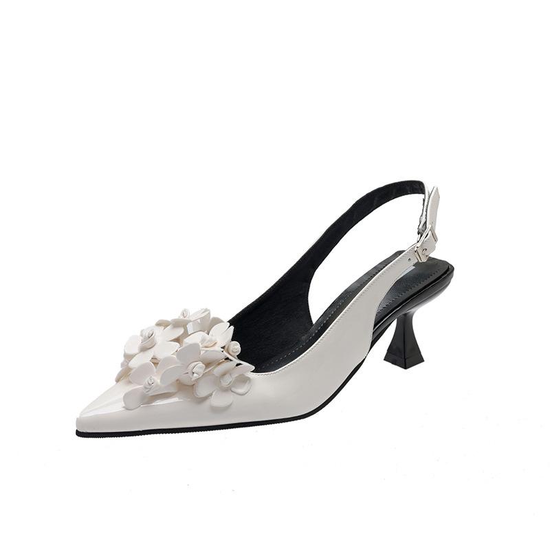 Green flower pointed sandals women's back empty new spring and summer thin middle heel single shoes women's breathable shoes