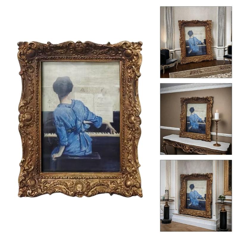 Resins Picture Frame Vintage European Styles Flower Embossed Carvings Photo Frame for Desktop Display or Wall Hanging
