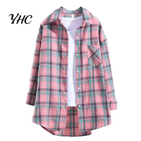 Ladies Blouse Turn Down Collar Long Sleeve Single-breasted Patch Pocket Loose Shirt Top Classic Plaid Print Casual Female Clothing