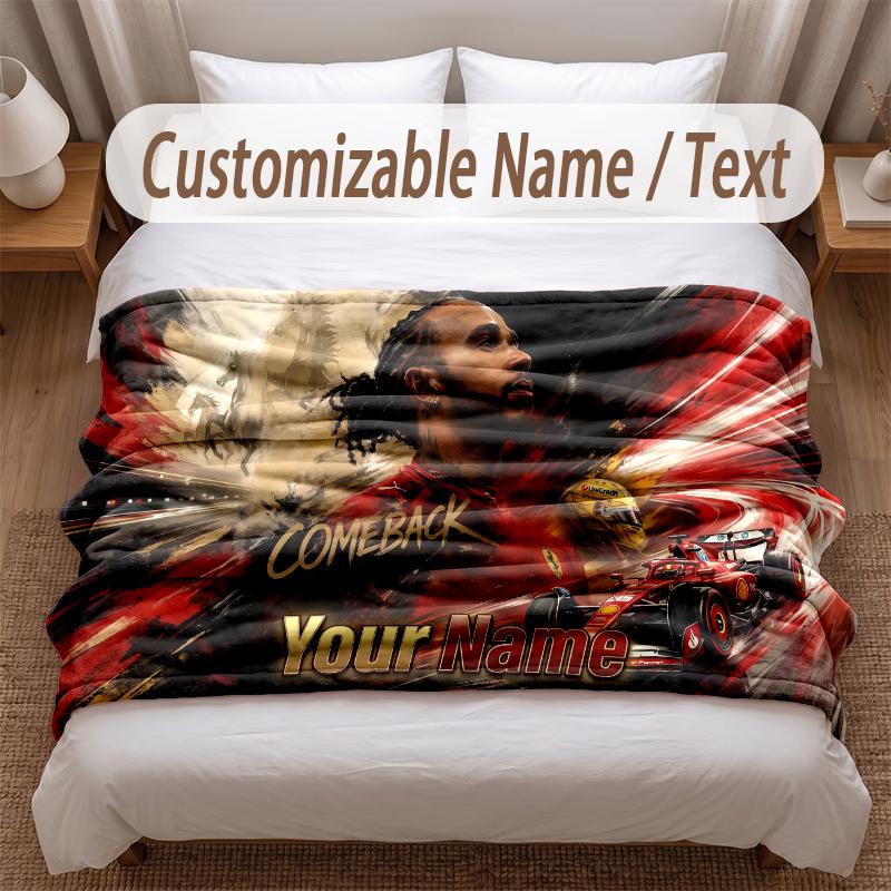 Lewis Hamilton bedruckte Flanelldecke mit individuellem Namenstext, weiche, warme Überwurfdecke für Schlafzimmer, Weihnachtsgeschenk