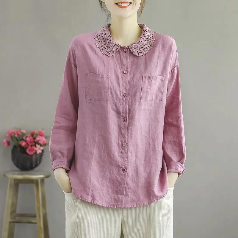Frühling Herbst Ethnisch Vintage Stil Spitze Rollkragen Baumwollbluse Dame Langarm Allround Knöpfe Oberteil Frauen Locker Lässiges Hemd