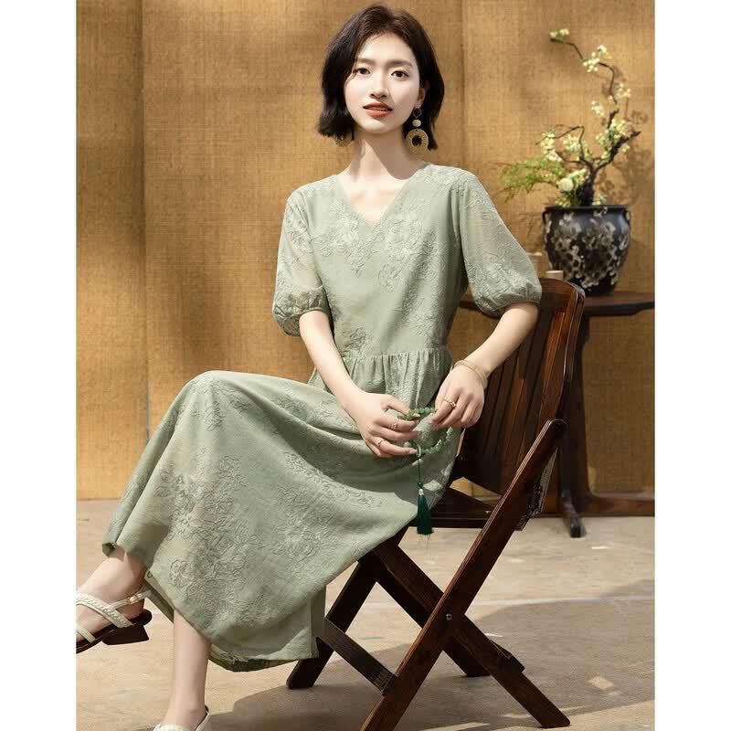 Demana Elegant Summer Embroidered V-neck Midi Dress