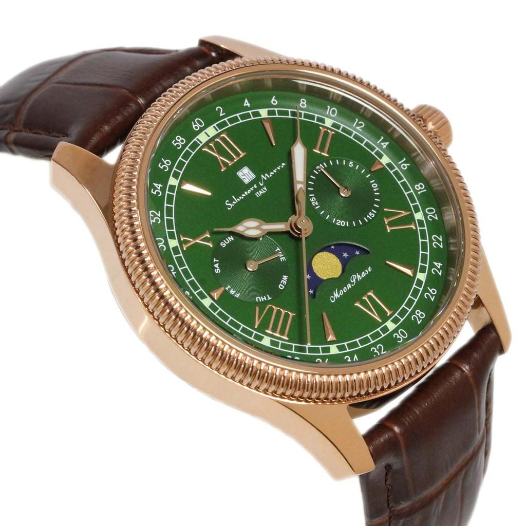 Salvatore Marra Men's Moon Phase Multi-Calendar Watch, 5 ATM Water Resistant, Leather Strap, Limited Edition, Pink Gold and Green, SM24110-PGGR