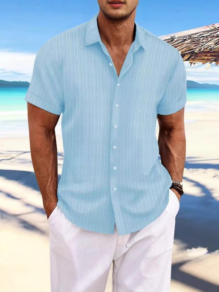 Men's Casual Striped Jacquard Cotton Linen Short-Sleeve Shirt