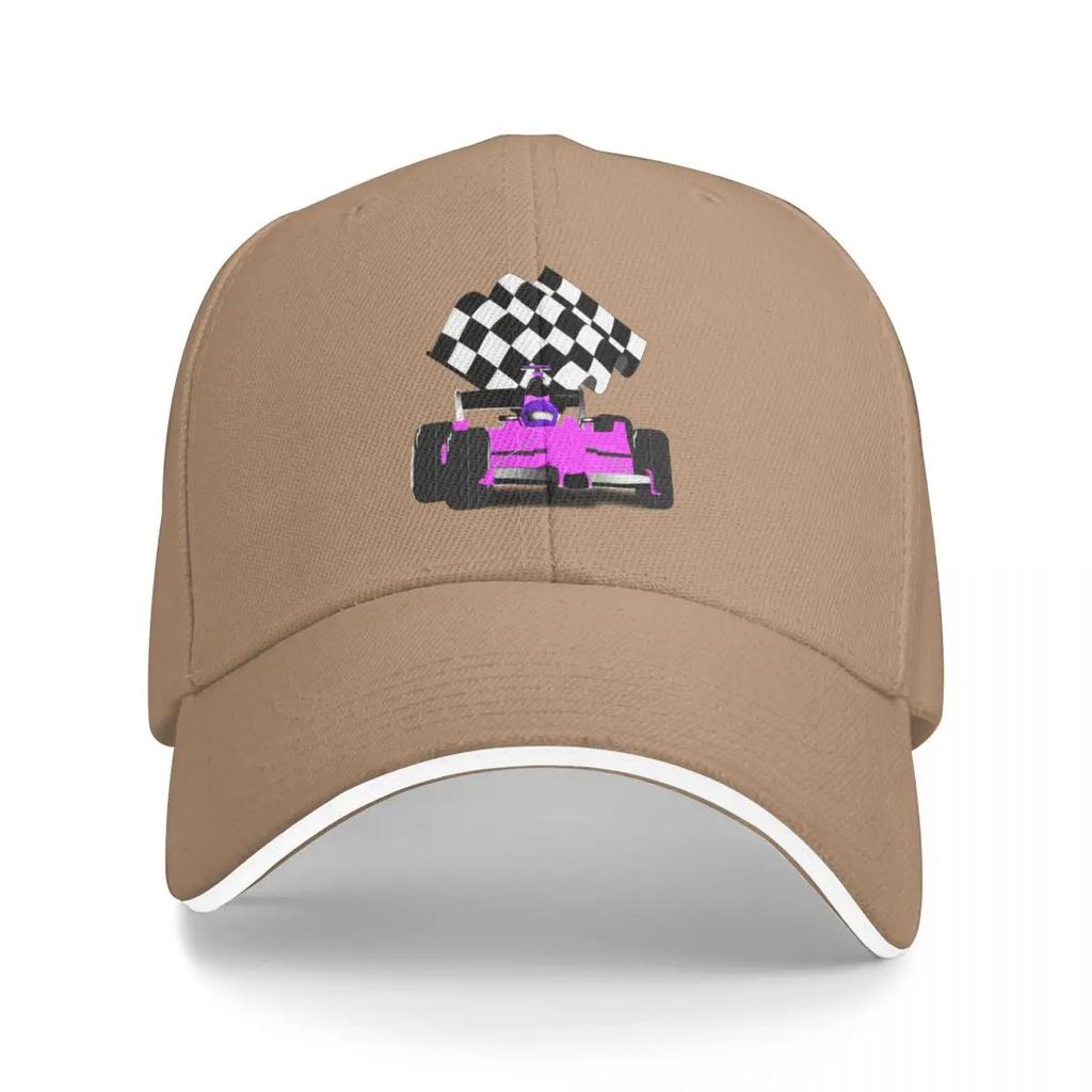 Pink Race Car with Checkered Flag Baseball Cap fashionable Bobble Hat Girl Mens