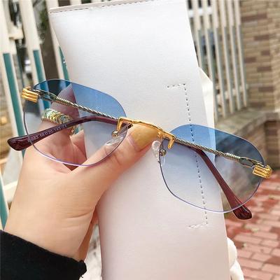 Frameless Gold Metal Sunglasses Gradient Blue Lens UV400 Protection Fashion Sun Glasses For Women Men Summer