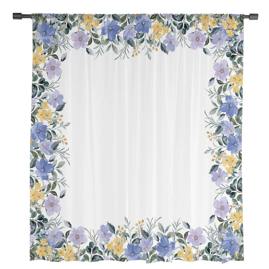 Summer Purple Flowers Watercolor Sheer Window Curtains For Living Room Kitchen Children Bedroom Voile Hanging Curtain