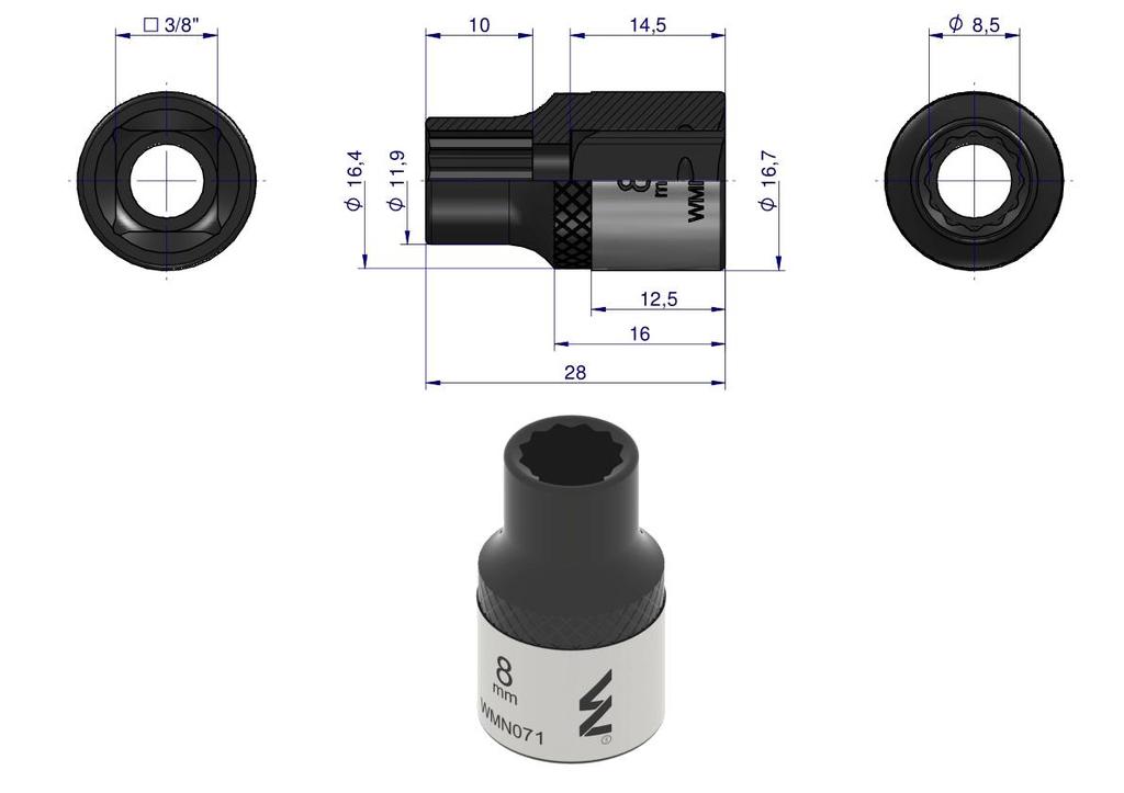 Nasadka Dwunastokątna 3/8". 8 Mm. Crv50Bv30. Din 3124. Waryński
