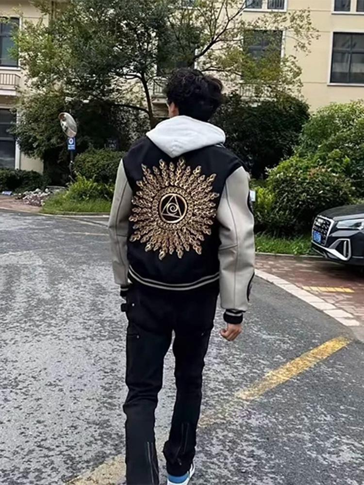 Men's High-End Scruffy Baseball Jacket with Sun Illuminati Eye Embroidery