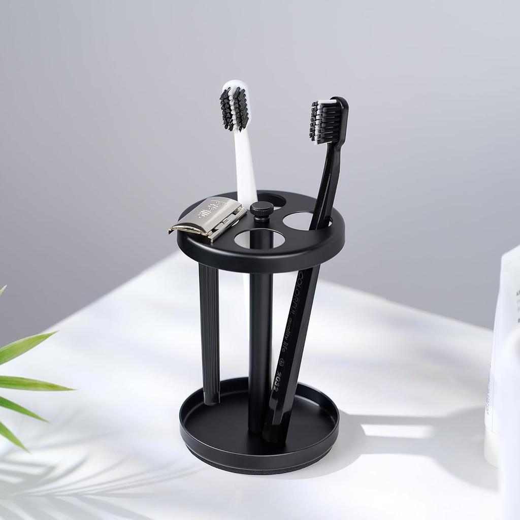 Black Stainless Toothbrush Holder Stand: Rustproof Bathroom Countertop Organizer, 4 Ventilated Slots Hold Manual Toothbrushes, Razor