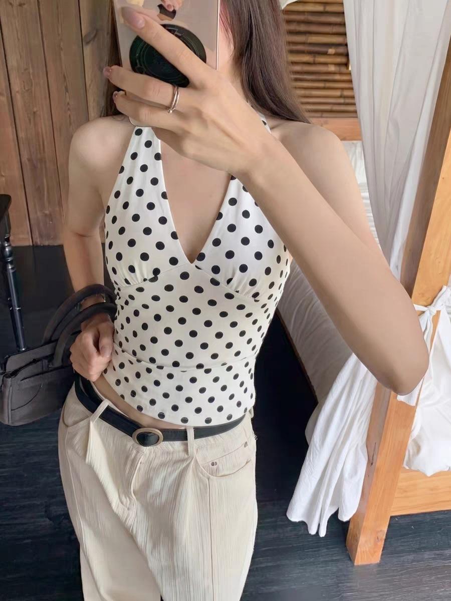 V-neck Strappy Polka-Dot Halter Tank Top Sexy Figure-Hugging Halter Top Polka-Dot