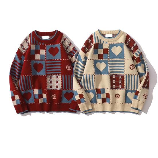 Unisex Winter Sweater Plaid Printing Retro Style Round Neck Long Sleeves Multi Patterns Couple Knitted Sweater for Home School Commuting