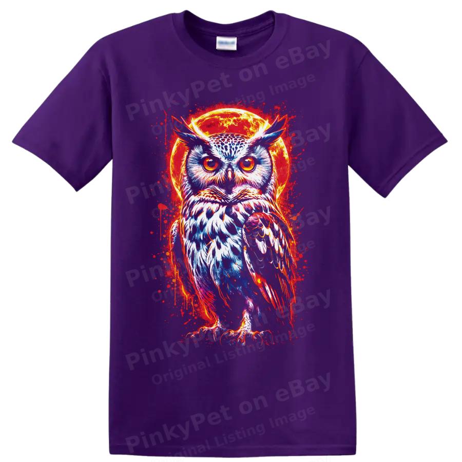 Owl T Shirt Neon Moon Gothic Bird Graphic Art Wildlife Night Sky Tee Cool Gift