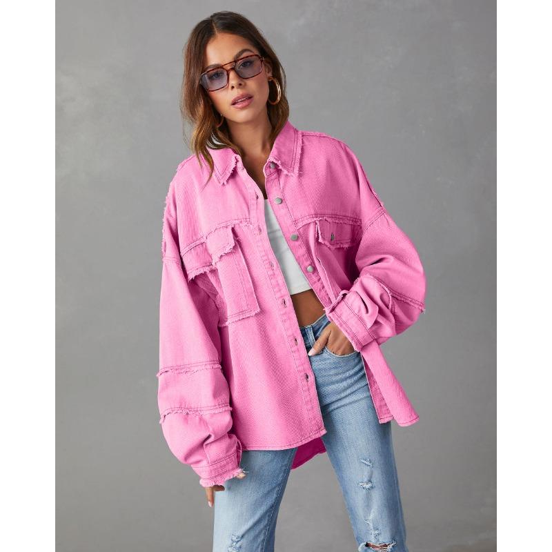 

Повседневная джинсовая куртка с длинными рукавами. Женская весенне-осенняя однотонная однотонная куртка средней длины. XL розы красного