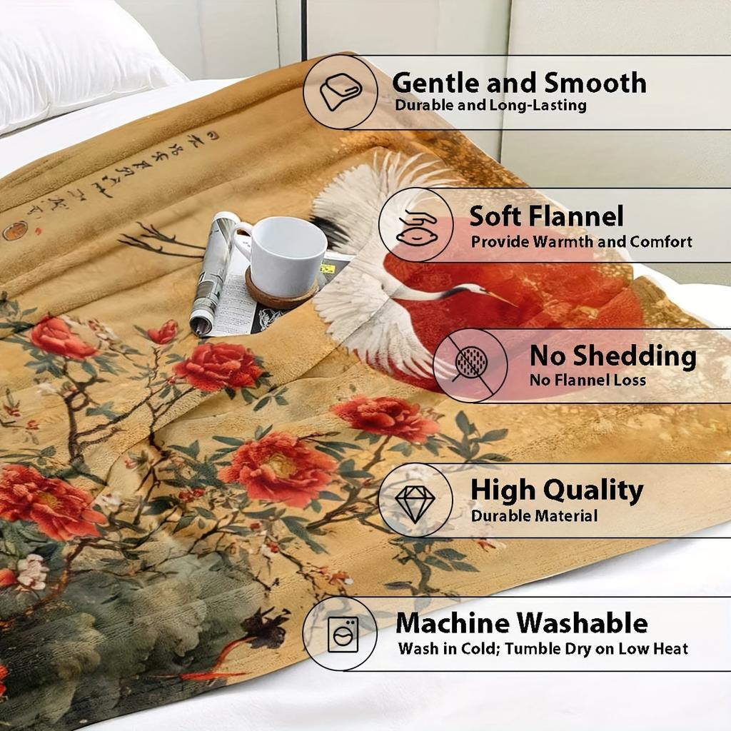 Retro Crane Pattern at Sunset Flannel printed blanket suitable for all seasons suitable for living room office sofa and travel