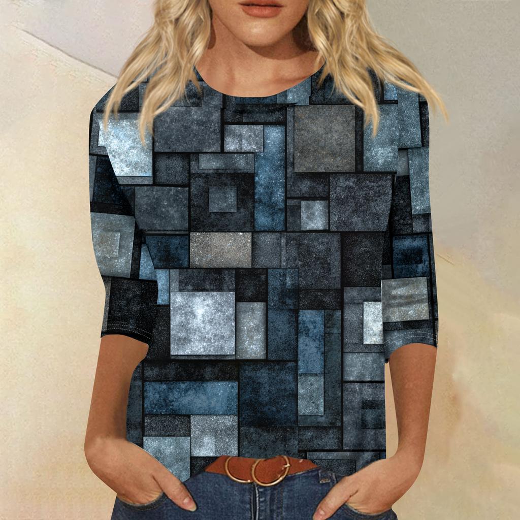 Women's Fashion Casual Round Neck Three-quarter Sleeve Retro Floral Print T-shirt Top