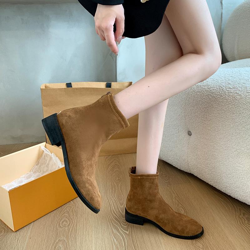 Skinny suede pointed autumn elastic thin boots women's large size temperament thick heel retro short Martin boots tide