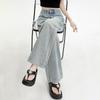 Spring Summer Heavy Rhinestone Straight Light Tone Relaxed Floor Wide Leg Denim Pants For Ladies Casual Pants Oversize Denim Trousers