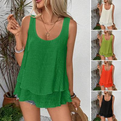 Women Tops O-Neck Sleeveless Solid Color Sling Vest Loose Fit Double Layer