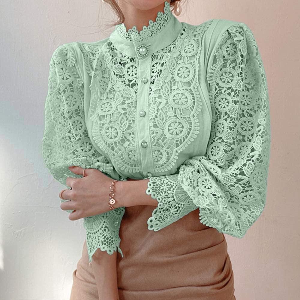 Women’s Elegant Lace Trim Shirts Casual Blouse Long Sleeve Button Down Tops