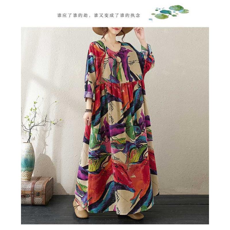 Round Neck Loose Plus Size Literary Plus Long Sleeve Dress