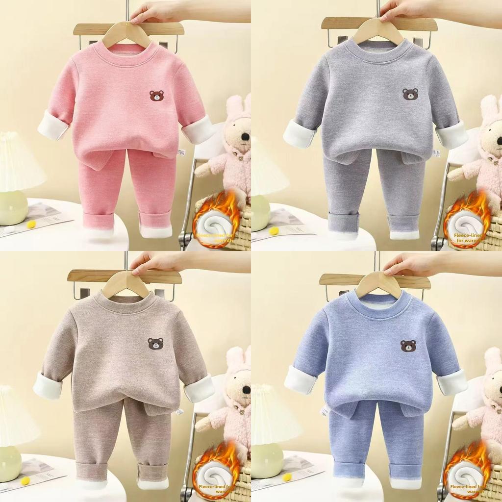 Baby Boy Girl Fleece Thermal Underwear Set With Plush Lining For Winter Warmth