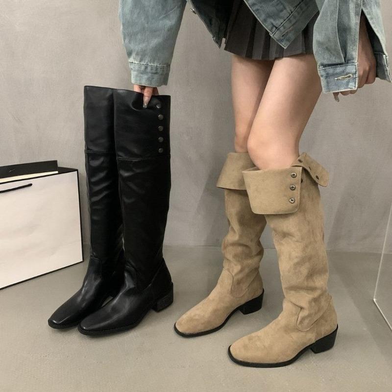 Fashion New Style Women's Thick Heel Women Western Cowboy Boots Fashion Slip On Folded Pile Long Booties Female Shoes Autumn Winter